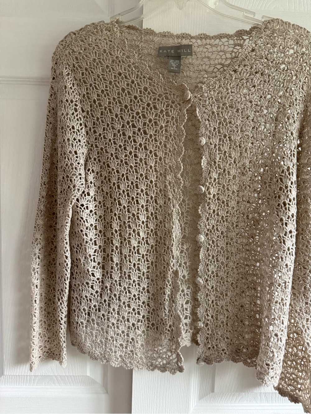 Kate Hill Beige Crochet Openwork Crewneck Sweater very pretty small